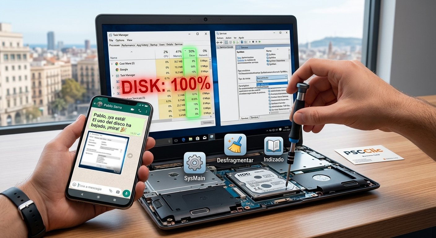 Caso real: Cómo solucioné el problema de disco al 100% en Windows paso a paso
