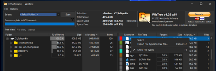 Interfaz del programa WizTree analizando el uso de almacenamiento del disco duro, mostrando la estructura de carpetas por tamaño y porcentaje ocupado.