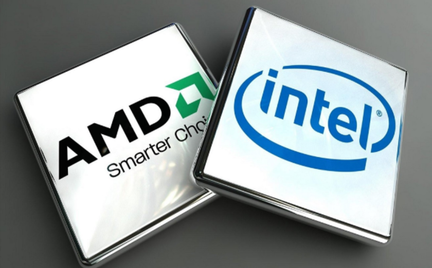 Dos procesadores de ordenador colocados de lado sobre una superficie gris, uno con el logotipo de AMD a la izquierda y otro con el logotipo azul de Intel a la derecha.