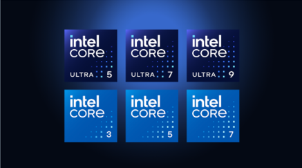 Cuadrícula con seis logotipos de Intel sobre fondo azul oscuro, mostrando las gamas Intel Core Ultra (5, 7 y 9) en la parte superior e Intel Core (3, 5 y 7) en la inferior.