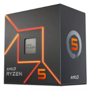 Caja negra de embalaje de un procesador AMD Ryzen 5 con líneas luminosas en color naranja y el logotipo del número 5 en el frontal y lateral.