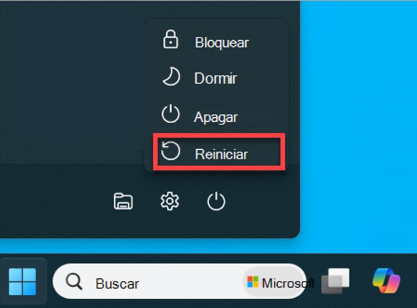 Menú de energía de Windows con las opciones Bloquear, Dormir, Apagar y la opción "Reiniciar" destacada dentro de un recuadro rojo.